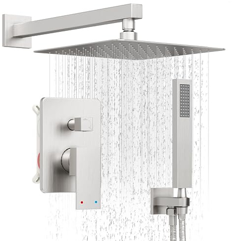 HoliSpa Shower System, Brushed Nickel Shower Faucet Set with 12-Inch Rain Showerhead and Handheld Spray, Wall Mounted High-Pressure Showerhead Combo Set Included Valve and Trim, Brushed Nickel