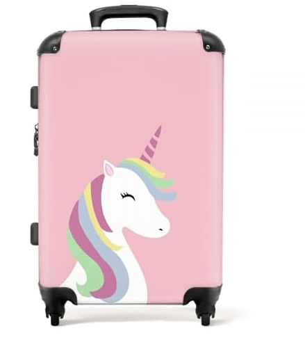 NoBoringSuitcases.com Kinderkoffer, Kinderkoffer Mädchen, Koffer Groß, Koffer Kinder, Mit TSA, Kindertrolley Mädchen, Koffer 20kg Gepäck, Koffer Mittelgroß (Einhorn Pastell - Rosa, 67 cm - 72 L)