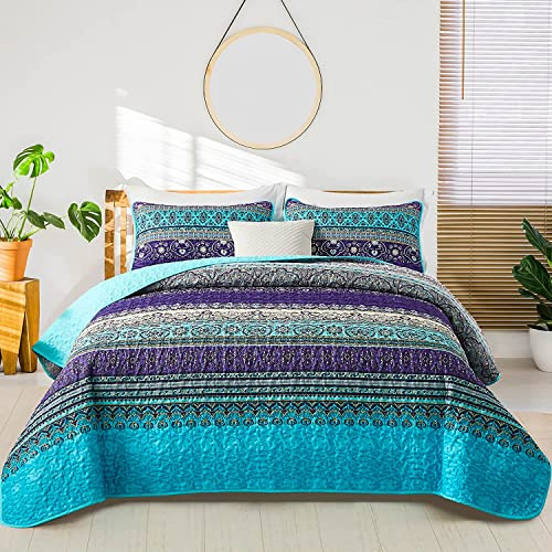 WONGS BEDDING Boho Quilt Full Size, Purple Blue Bohemian Lightweight Microfiber Bed Decor Bedspread for All Season 90x78(3 Pieces)