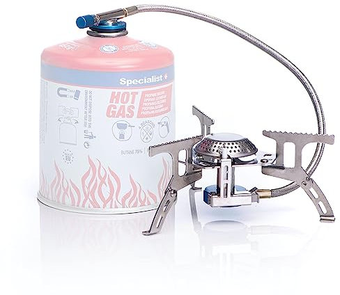 Specialist+ Mini fornello da campeggio su una bombola di gas – Fornello a gas in acciaio inox per esterni 7/16 – Fornello a gas da campeggio con accensione automatica e regolatore della fiamma