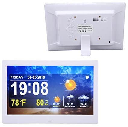 Zunate Estación Meteorológica WiFi, Reloj Digital de 10 Pulgadas con 5 Despertadores, Control Remoto, Soporte para Cargar Fotos, Música y Videos, para Personas Mayores (Blanco) (Enchufe