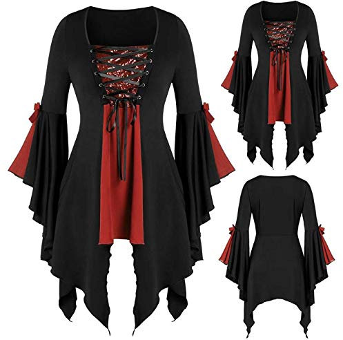 DeaAmyGline Gothic Kleid Damen Shirtkleid - Mittelalter Kleidung Damen Kleider Traditionelle Irische Kleid Trompetenärmel Glitzer Bandage Hexenkleid für Frauen Halloween Kostüm Karneval Cosplay Party