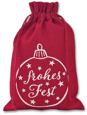 6 Baumwollsäckchen, Baumwollbeutel - Frohes Fest - Rot mit weißer Kugel, Adventskalender, Weihnachten, Geschenkverpackung, Dekoration (30x20 cm)