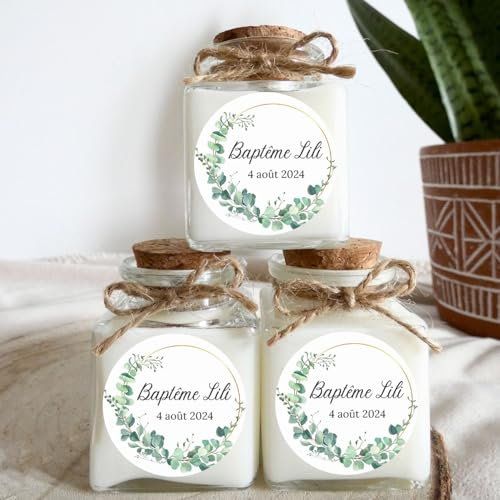Bougies personnalisées Baptême, cadeau d'invités, thème champêtre. (Lot de 10 bougies) (Fleur de Coton)
