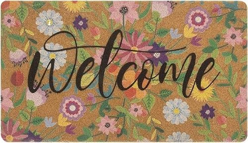 KorhLeoh Floral Welcome Mats for Front Door Spring Flower Coir Door Mat Colorful Entrance Decorative Indoor Outdoor Doormats Non Slip Outside Rugs for Front Door Entry 43cm x 75cm