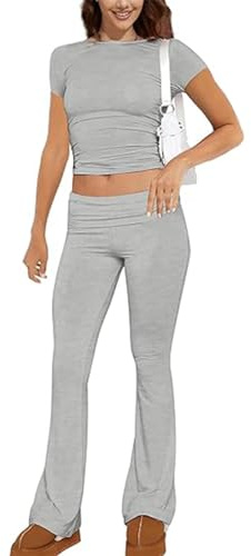 ABINGOO Tuta da Donna Casual 2 Pezzi a Maniche Lunghe Aderente Crop Top Svasati a Vita Bassa Pantaloni Lounge Set Yoga Tuta(Z-Grigio,M)