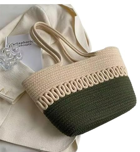 wangfq Korbtaschen Damen Stricksets, Stoff, Khaki, Strandtasche, großes Fassungsvermögen, handgefertigt, Stroh, Sommerurlaub, Freizeittasche, Damentaschen, Einkaufstaschen Basttaschen Damen Sommer(D)