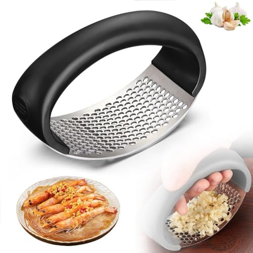 Garlic Press Rocker Stainless Steel Garlic Rocker, Stainless Steel Garlic Press, Cooking Device Garlic Cutter Rocker, Garlic Mill Kitchen Aid with Silicone Garlic Peeler (Black)