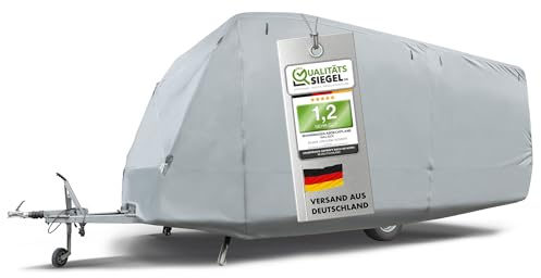 WALSER Premium Wohnwagen Abdeckplane, 100% wetterfeste Wohnwagenabdeckung, wasserdichte Wohnwagenplane mit UV-Schutz, Wohnwagen Schutzhülle, Wohnwagen Abdeckung inkl. Aufbewahrungstasche 430x250x220cm