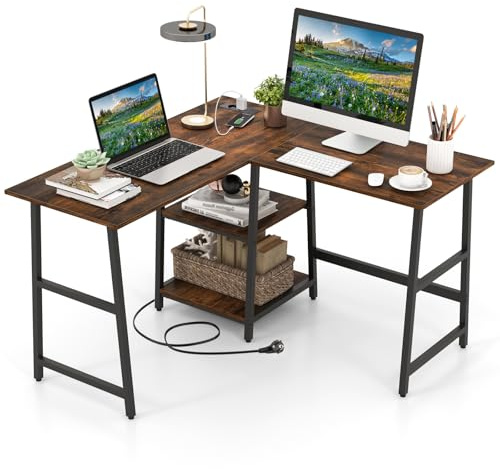COSTWAY Escritorio Esquinero 120 x 120cm, Tomas de Corriente y Puertos USB, Escritorio en L con 2 Estantería, Estructura de Metal, Mesa Gaming L Oficina Casa (café)