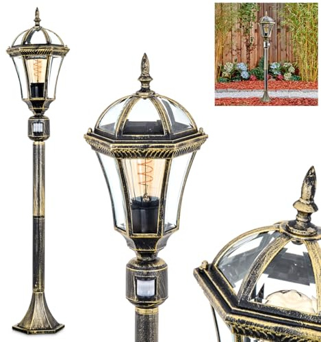 HOFSTEIN Wegeleuchte Lavajo, Außenwegeleuchte mit Bewegungsmelder aus Metall/Glas in Schwarz/Gold/Klar, Wegelampe im Antik/Landhaus/Retro-Design für Garten, Außenbereich, Hof, Höhe 102 cm, E27, IP44