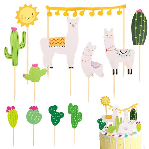 Silars Alpaka Kuchen Deko, 12 Stücke Alpaka Tortendeko Lama Cake Topper Bunt Tortendeko Kaktus, Wüste Tortenaufleger für Kindergeburtstag, Babyparty, Geburtstag, Valentinstag, Hochzeitstag