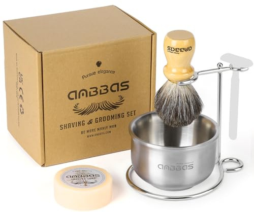 Anbbas Blaireau de rasage en poils de blaireau avec manche en bois, rasoir et support de brosse, bol de rasage avec barre de savon de rasage 4 en 1 pour homme