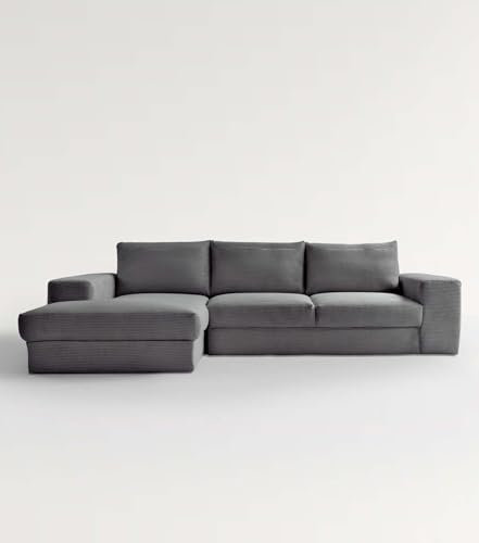mokebo Ecksofa aus Cord 'Der Klassiker', Eckcouch aus weichem Cordstoff fürs Wohnzimmer, bequemes 3-Sitzer Sofa oder Cordsofa in L-Form, 287x86x190 (BxHxT in cm) in Grau - Ottomane Links