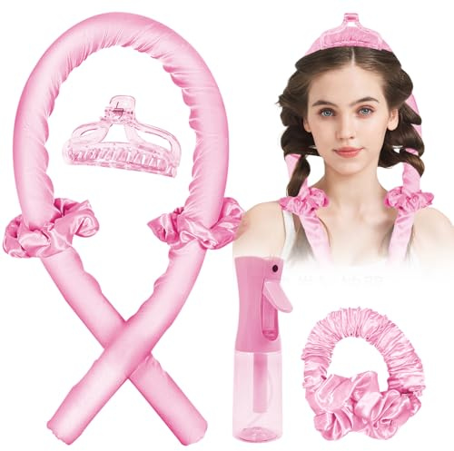 Lockenwickler, Heatless Curls Band für traumhafte Locken über Nacht, Heatless Hair Curler mit der Sprayflasche Haarspange, Curling Rod Stirnband für Langes Haar, Geschenk für Mädchen und Frauen- pink