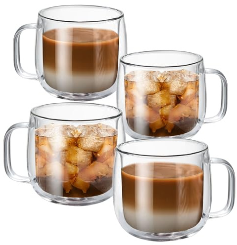 MESNEY Double Wall Glass Mug, 300ml High Temperature Resistant Borosilicate Glass Coffee Mug, Tea Cup, Dishwasher Safe, Ideal for Hot and Cold Drinks, 4 Pieces