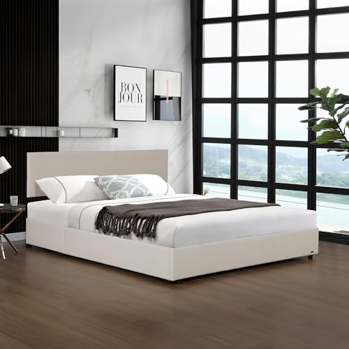 Corium Letto Contenitore con Apertura a Ribalta Letto Matrimoniale 160x200 cm Struttura a 2 Piazze con Spazio di Stoccaggio e Testiera Rivestimento in Velluto a Coste - Beige