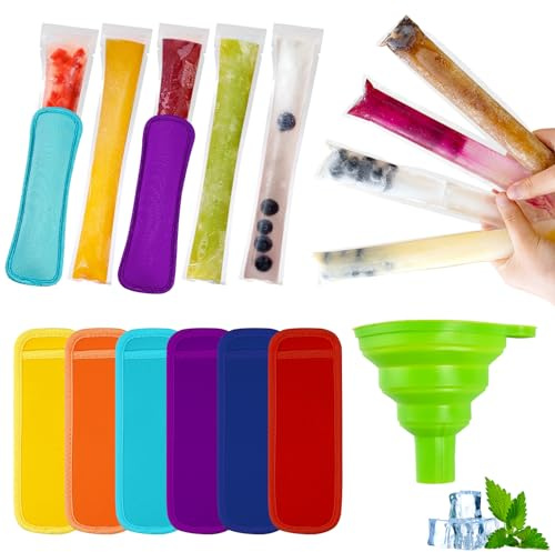 100 Bolsas para Helados, Bolsas para Moldes de Helado con Embudo, Soportes de Neopreno para Helados Caseros sin BPA Bolsas de Molde para Yogur, Caramelos, Helados (con Embudo Verde) (100)