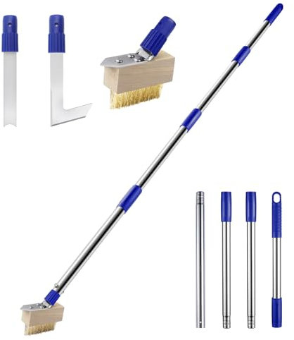 Outil de désherbage de terrasse avec long manche, grattoir et brosse métallique pour désherber, bloc de 152,4 cm, outil de désherbage pour enlever les mauvaises herbes et la mousse, 3 têtes