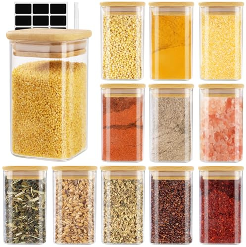 Cinnani 12 Bocaux à Épices CarréS en verre 250 ml avec Couvercle en Bambou, pot Epices Verre, RéCipient à éPices, Ensemble de Pots à ÉPices, Boite a Epices Cuisine Rangement avec Étiquettes Vierges