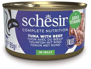 Schesir Kalvkött tonfisk i gelé, våt kattmat, i burkar, 100% naturlig, med tillsatta vitaminer, 12 x 85 g