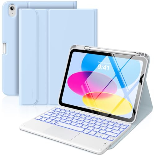 MoKo Funda con Teclado Táctil para iPad (A16) 11.ª Gen 11 2025, iPad 10.ª Gen 10,9 Funda con Portalápices, Teclado Bluetooth Desmontable con Panel Táctil Retroiluminado en 7 Colores, Azul Cielo