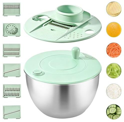Kottwca 5L Salatschleuder Edelstahl, rutschfeste Basis und Kurbelbetriebener Salatschleudern, 5 Verschiedene Zubehörteile, Eigelbtrenner, Salad Spinner für Kochen, Backen und Schneiden von Gemüse