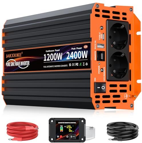 Invertitore 1200W Onda Sinusoidale Pura, Inverter 12V a 230V AC, per Frigorifero/Camper/Emergenza, Alta Efficienza >90%, THD<3%, con 2 Prese UE + USB, Telecomando LCD 4.5m, Protezioni Multiple