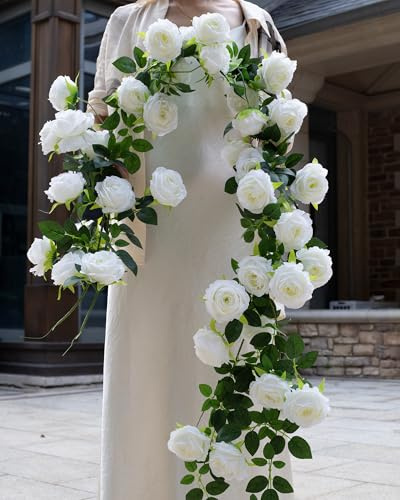 zhixinyue 2Pcs 12Ft Bendable Artificial Flower Garland Faux Rose Vine Hanging Floral Garland for Wall Decor Trellis Fence Home Room Garden Wedding Decoration(White, 2pcs)