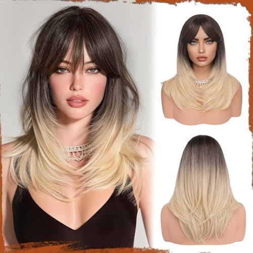 Sofeiyan Perruque Longue et Droite avec Frange,40 cm Ombré Blond Brun Perruque Femme Naturelle Cheveux Synthétiques pour les Trajets Quotidiens, Fêtes, festival et Cospaly