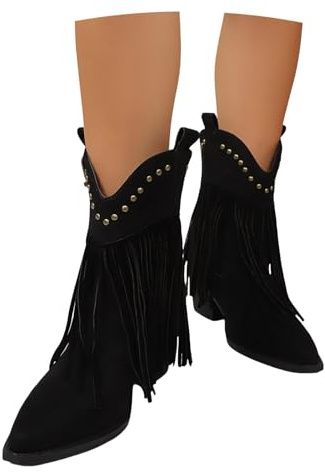 LDXEQIZ Kurz Stiefel Mit Fransen Damen Retro Western Cowboy Boots Wildleder Stiefeletten Mit Blockabsatz Pointed Toe Booties Mit Niet Lässige Knöchel Schuhe Für Outdoor, Party,Konzert