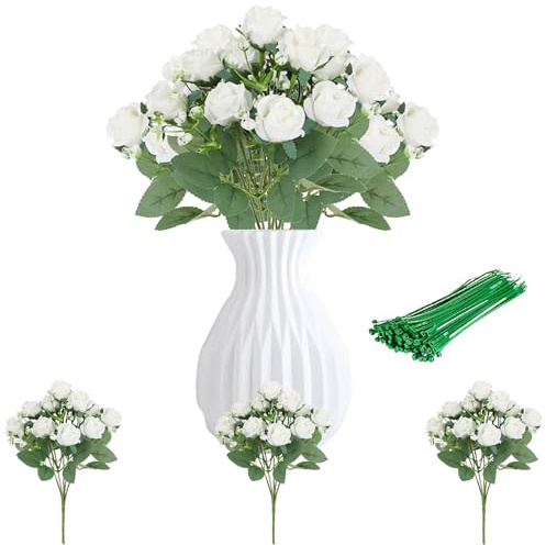 ZenyTra Künstliche Rosen 30 Stück 3er Bund | 32 cm Realistische Seidenrosen Mit Grünem Stiel | Für Hochzeitsdeko, Brautstrauß, Tischdeko & Büro | Inkl. 10 Grüne Kabelbinder (Weiß)