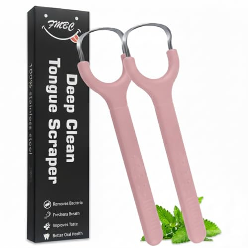 2PCS Tongue Scraper Cleaner, Metal Tongue Scraper for Adults,Restores Fresh Breath, Improves Taste and Oral Health (Pink)