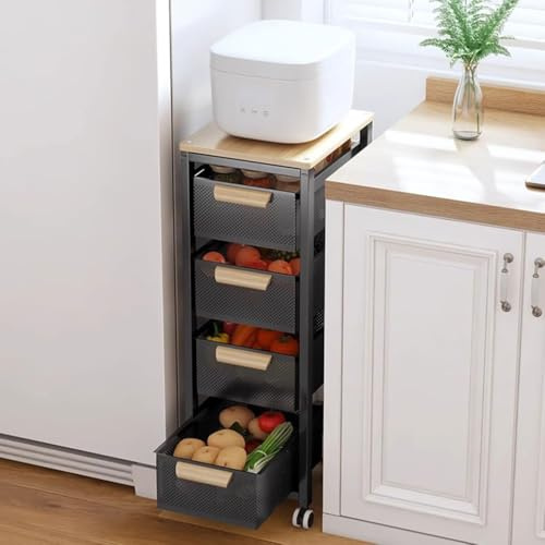 QDZC Carrello portatile con ruote in metallo sottile a 4 livelli per conservazione e utilizzo, scaffali mobili per frutta e verdura in acciaio al carbonio stretti, carrello black