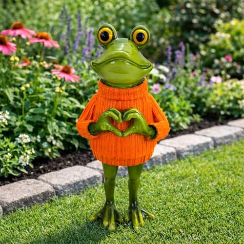 Online Fuchs Gartenfiguren für draußen süßer Frosch mit Pullover und Herzerl - Deko Figuren für Garten, Terrasse und Balkon – 27 cm groß – wetterfest (Orange)