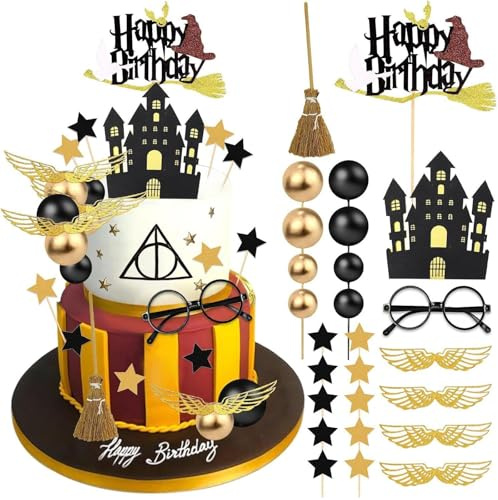 38Pcs Black Magic Cake Decoration Set, Wizard Themed Cake Toppers, Dreamy Magic Cupcake Decorations, Fantasy Academy Theme Dessert Decor, Birthday Party Supplies for Girl and Boy