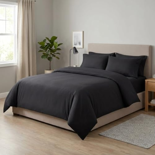 M&J Home 4 Piece Microfibre Black Double Duvet Cover Set - Complete Bedding Set with 35cm Extra Deep Fitted Sheet & Pillowcases