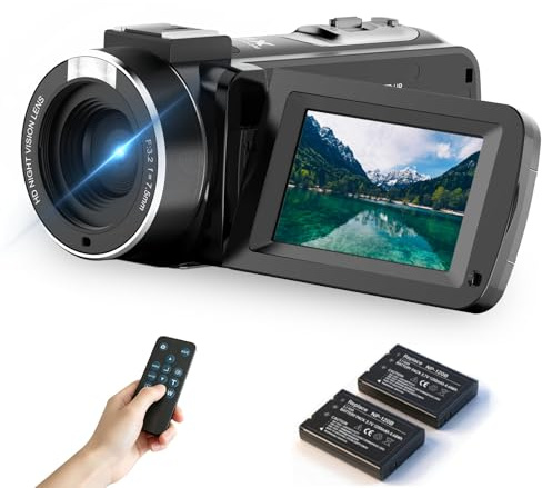ORDRO 1080P Camcorder Video Camera, 18X Digital Zoom, Night Vision, 270° Rotatable Screen, Full HD 1080P 30MP Camera, 2 Batteries Black