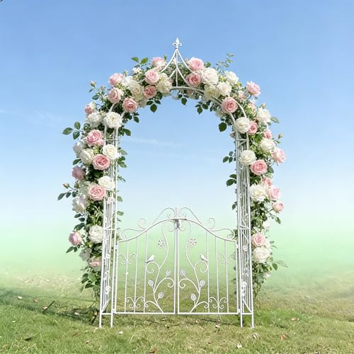 NEONMAN Arche de Jardin en Métal avec Porte, Arche Jardin Extérieur pour Plantes Grimpantes – Arche Rosier Décorative pour Plantes Grimpantes, Cérémonie de Mariage Et Fête(Blanc)