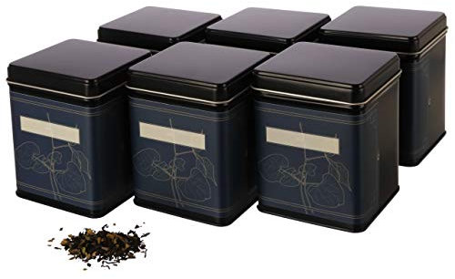Dosenritter | 6x klassische eckige Teedose, stapelbar, aromadicht aus Metall für je 140g Earl Grey, inkl. 6 florale-Etiketten | 9.8x7.6x7.6 cm (H,B,T) auch ideal als Mehl-, Reis- oder Keksdose