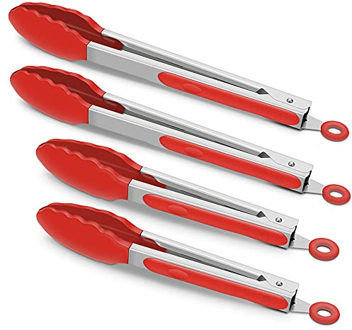 4 Pack Red Kitchen Tongs, Premium Silicone BPA Free Non-Stick Stainless Steel BBQ Cooking Grilling Locking Food Tongs, 9-Inch & 12-Inch | Locking Design, BPA-free Silicone Tips, 500°F Heat Resistance for Nonstick Cookware, Cooking, Grilling, and Serving.