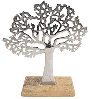 CB Home & Style Dekobaum Baum Silber Aluminium auf Holzfuß Lebensbaum Mango Holz Metall (22 x 27 cm)