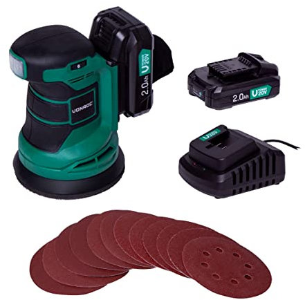 VONROC Levigatrice orbitale VPOWER 20V - Ø125mm. Include 2 batterie da 2.0Ah, caricabatterie, sacchetto raccolta polvere e 12 pezzi di carta abrasiva