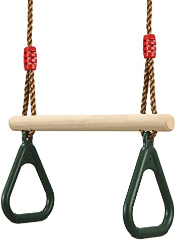 PELLOR Multifunction Children's Wooden Trapeze Swing With Plastic Gym Rings Dark Green