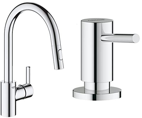 GROHE Robinet de cuisine évier Feel, douchette extractible, rotation 360°, bec en U, inverseur 2 jets, robinet mitigeur cuisine, chromé & 40535000 Distributeur de Savon Cosmopolitan, Chromé