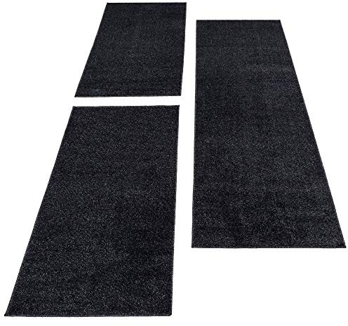 Carpettex Bettumrandung Schlafzimmer 3teilig Kurzflor Teppich Einfarbig Design Anthrazit Bettset:2 mal 60x100 + 1 mal 80x150 - Bettvorleger Schlafzimmer Läufer Set Weicher Bettumrandung Teppich
