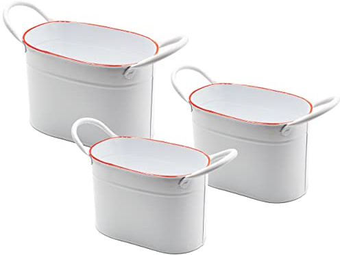 Blümelhuber 3er Set Emaille Look Blech Blumenkasten Gefäße, Zimmerpflanzen Übertopf oder Outdoor Deko Haustür Draußen (weiß)