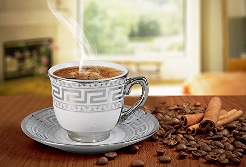Porzellan Espressotassen Set Mokka Tassen für 6 Personen Weiß-Silber 13Tlg