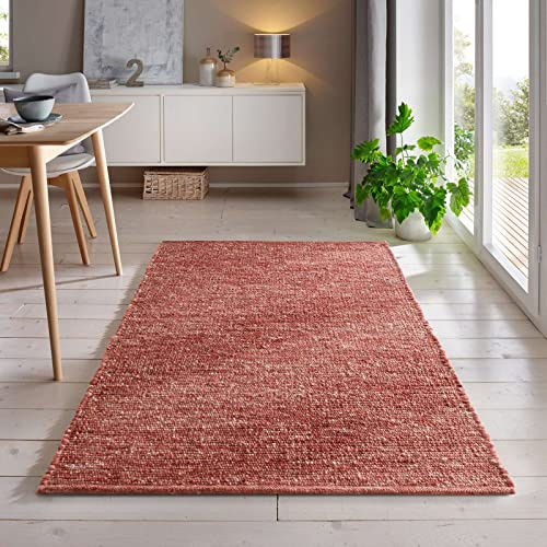 Handweb-Teppich aus Schurwolle in Skandinavischem Landhaus Design in vielen aktuellen Farben für Wohnzimmer, Esszimmer, Schlafzimmer, Flur, auch als Läufer beidseitig verwendbar rot 090x160 cm