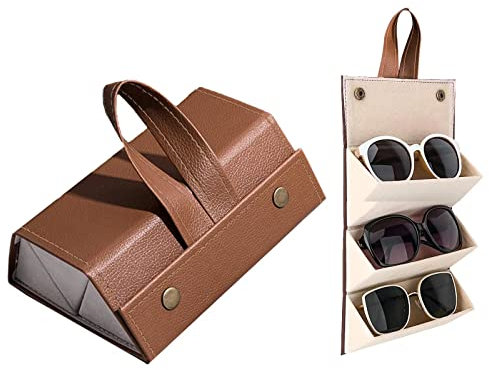 NCOALE Glasses Case Organizer, 3 Slot Foldable Eyeglasses Cases Hard Shell Travel Portable Sunglasses Storage Box Hanging Organiser Storage Boxs, for Women Men (Brown)